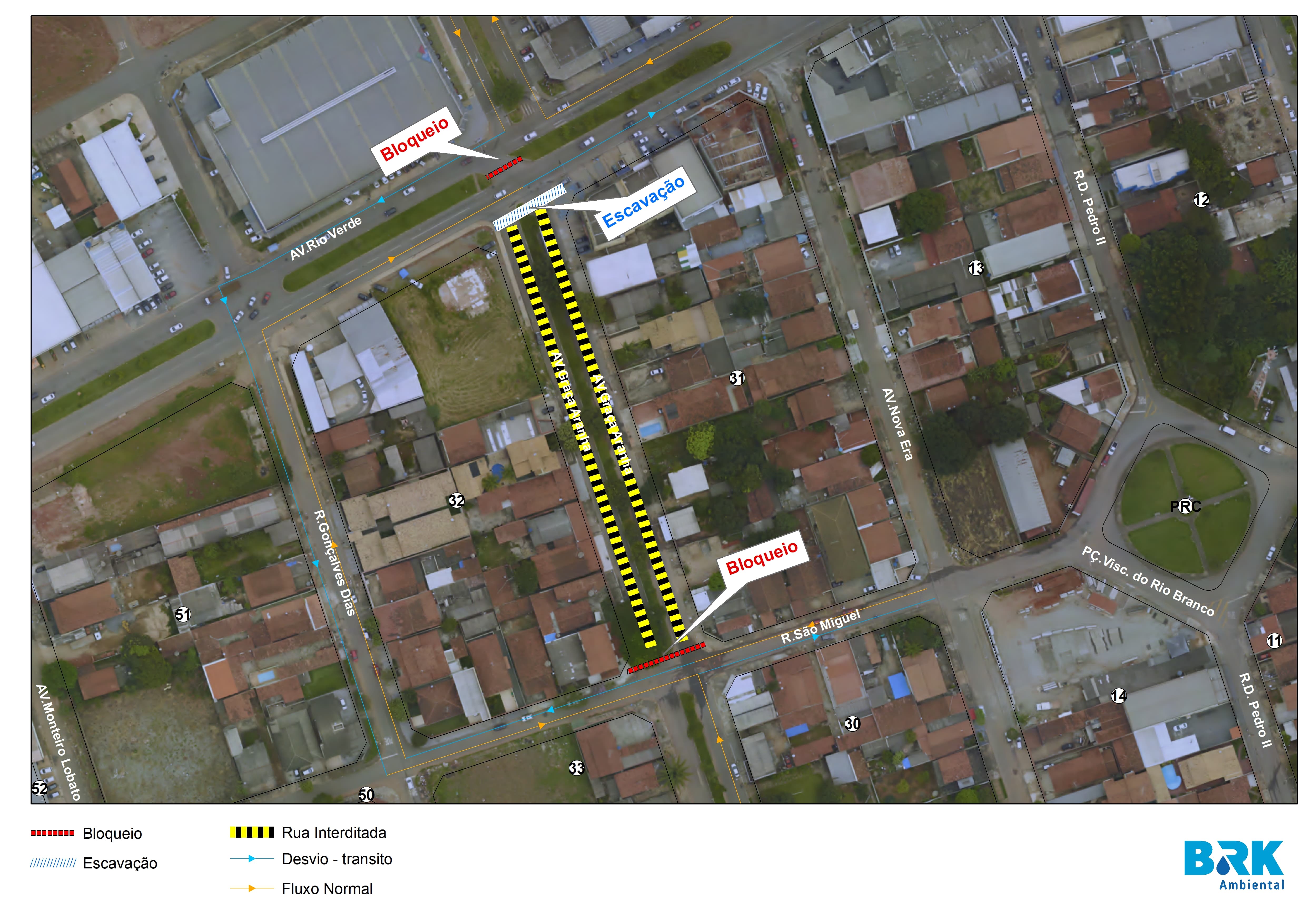 Mapa do desvio das obras de esgoto da BRK Ambiental em Aparecida de Goiânia