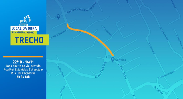 mapa da obra da BRK Ambiental em Blumenau, trecho da Rua General Osório. A obra vai até novembro!